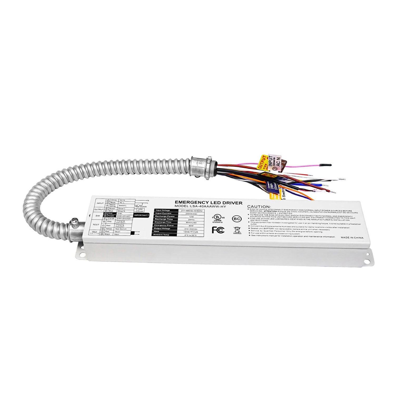 40W 480V Emergency LED Driver | 277–480VAC Battery Backup | 90-Minute Runtime | Self-Testing | IP65 | UL 924 Listed | LSA-40AAAWW-HY