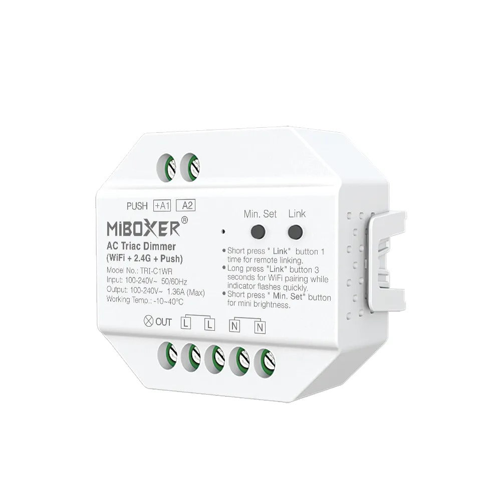 TRI-C1WR AC Triac Dimmer | WiFi + 2.4G + Push Control | Tuya, Alexa & Google Compatible | Flicker-Free 0–100% Dimming