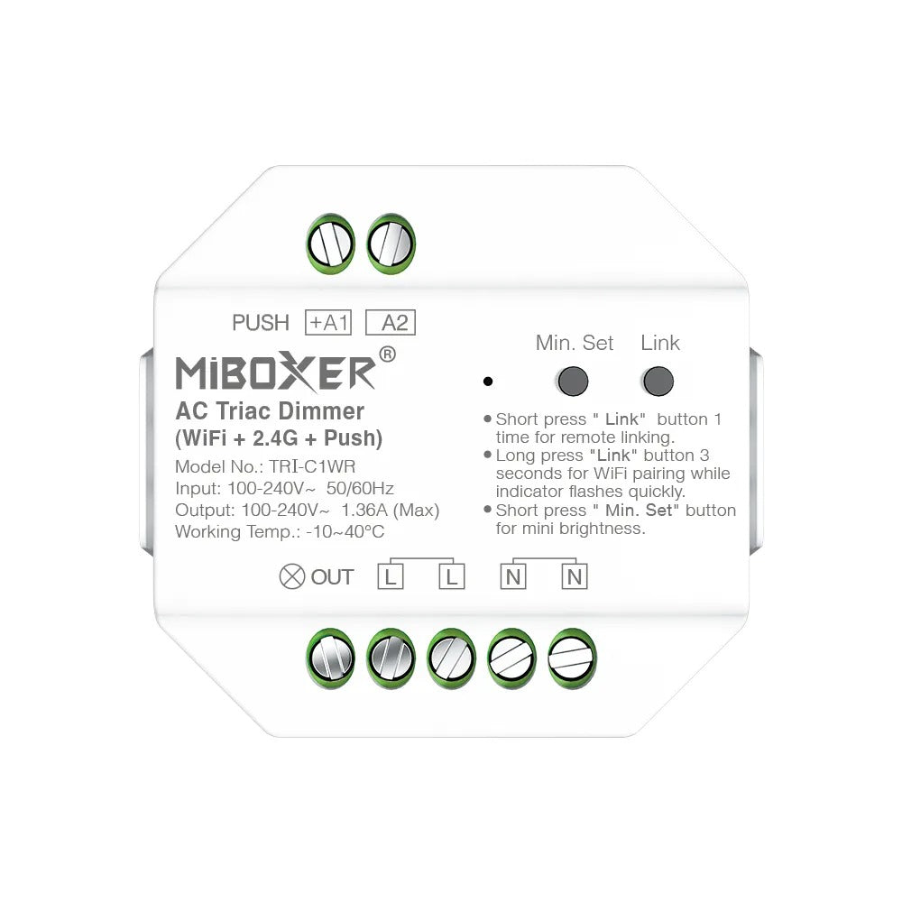 TRI-C1WR AC Triac Dimmer | WiFi + 2.4G + Push Control | Tuya, Alexa & Google Compatible | Flicker-Free 0–100% Dimming