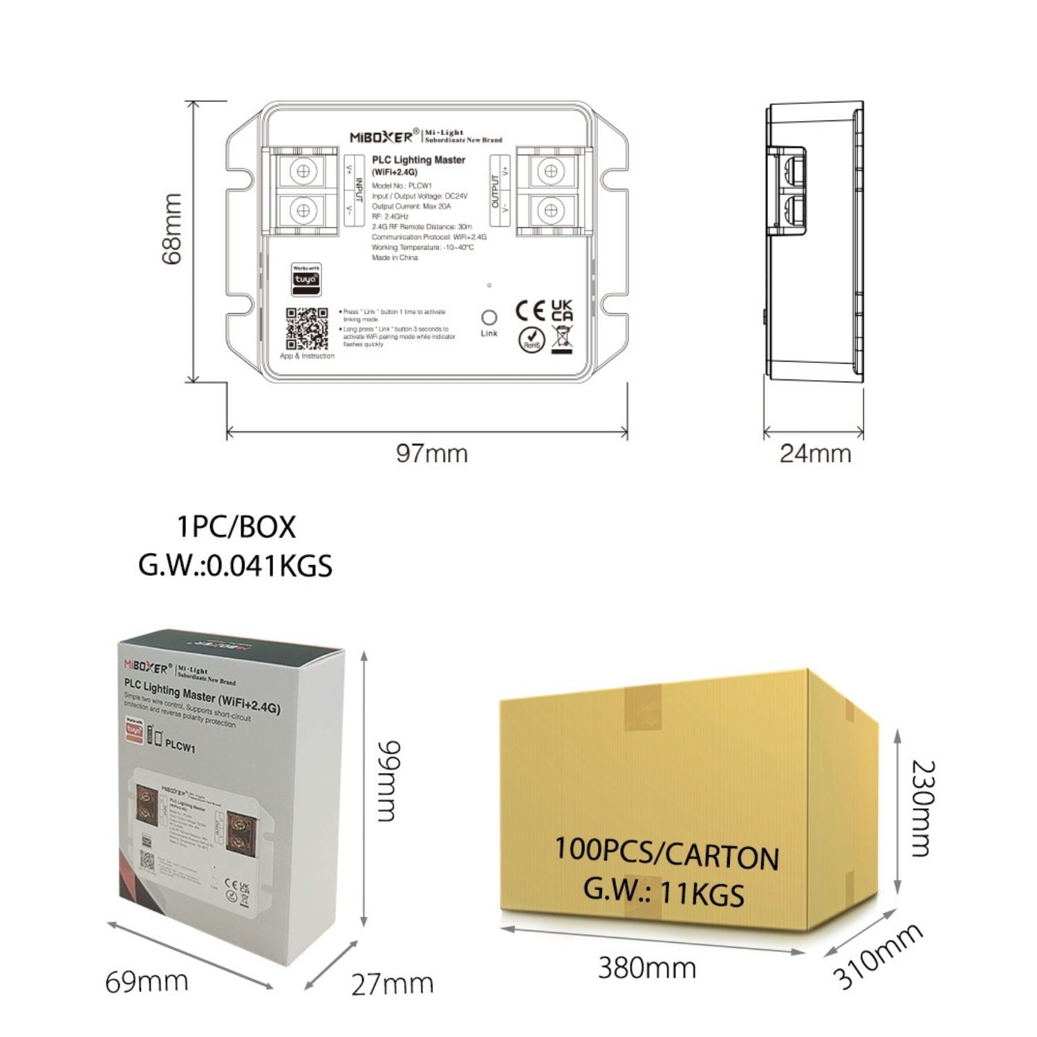 MiBoxer PLCW1 PLC Lighting Master | WiFi + 2.4GHz | RGB+CCT Smart LED Controller | DC24V 480W 20A