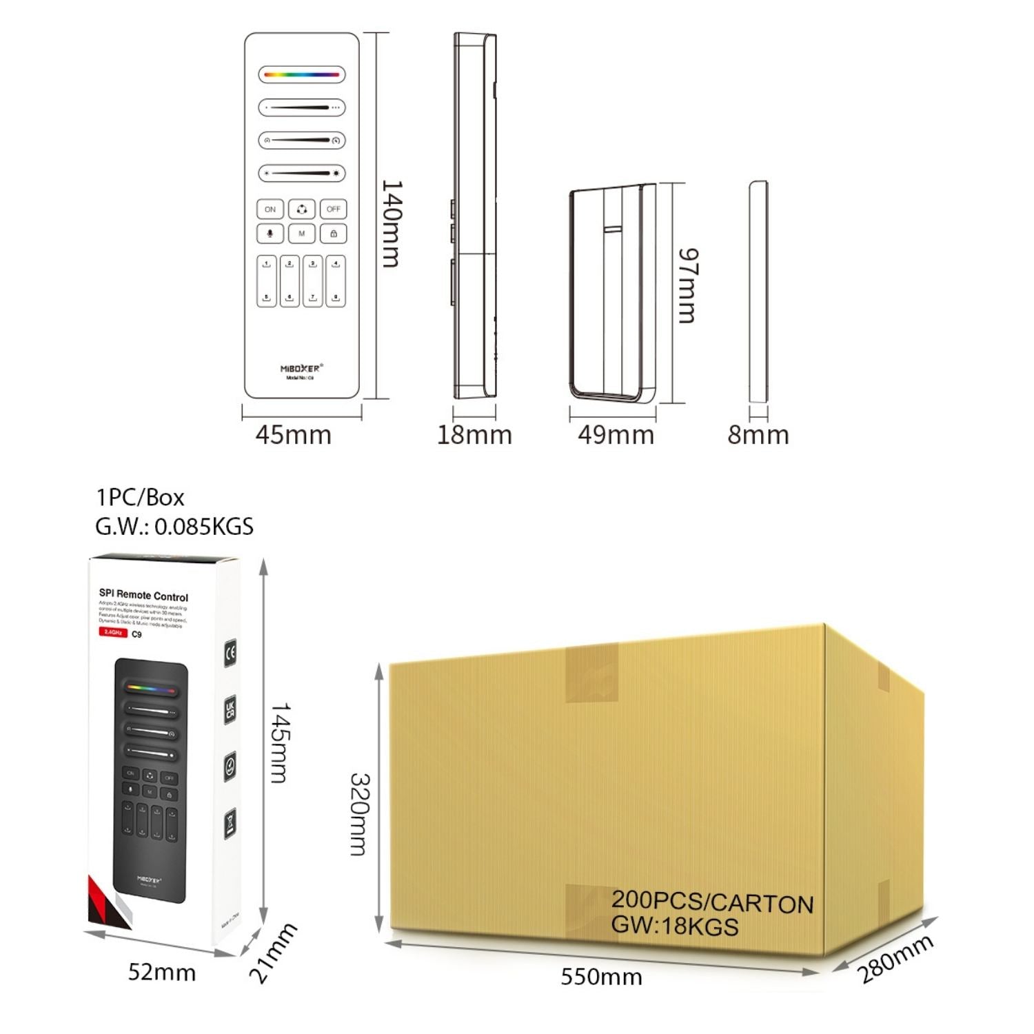 C9 SPI Remote Controller | 2.4GHz Wireless | Pixel Strip Sync & Scene Control | Compatible with Multi-Controllers | CE Certified