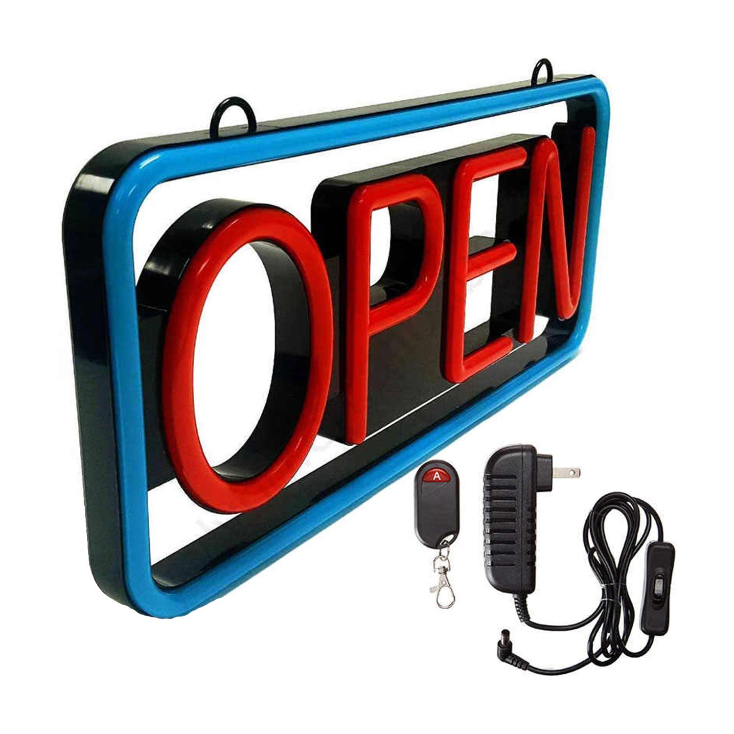LED Neon Open Sign - 21x9" Display - Blue & Red - Multifunction Remote Included